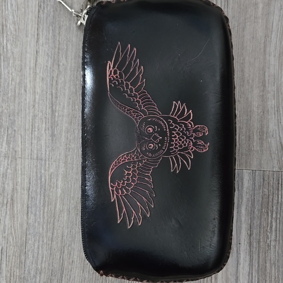 LEATHER Owl Black and Pink Wristlet! - Picture 2 of 5